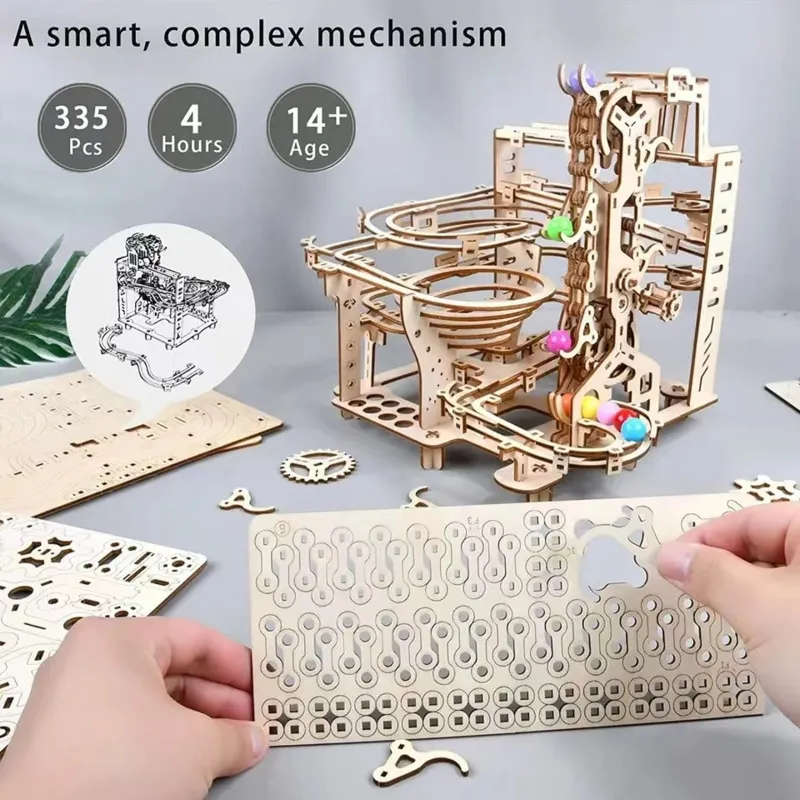 335PCS Marble Run Set 3D Wooden Puzzle DIY Maze Model Building Block Kits Assembly Educational Toys For Children Adult Stem Gift