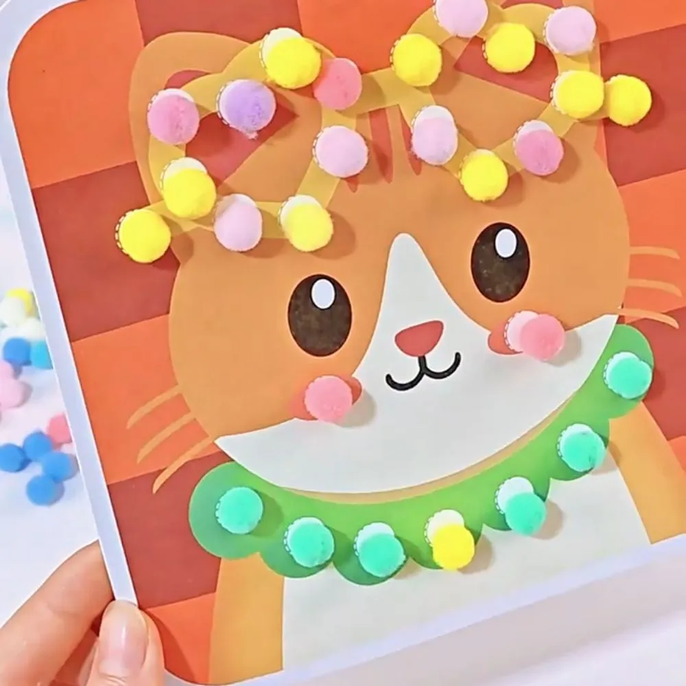 Handmade Material Children's Sticker Book Educational Hairball Animal Pompom Art Kit Early Learning Cartoon Pompom Crafts Toy