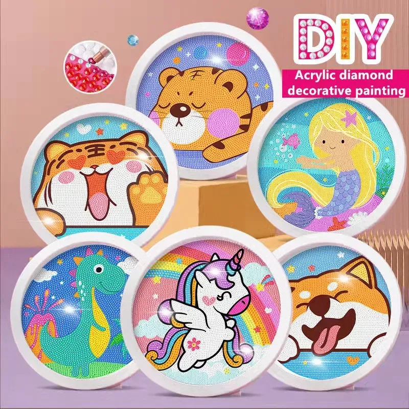 Round frame unicorn diamond painting kitten children's handmade dinosaur creative diamond stickers tiger diy point diamond paint
