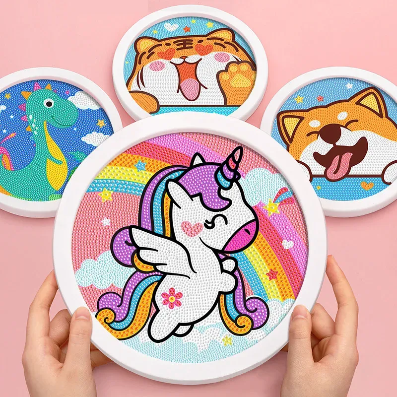 Round frame unicorn diamond painting kitten children's handmade dinosaur creative diamond stickers tiger diy point diamond paint
