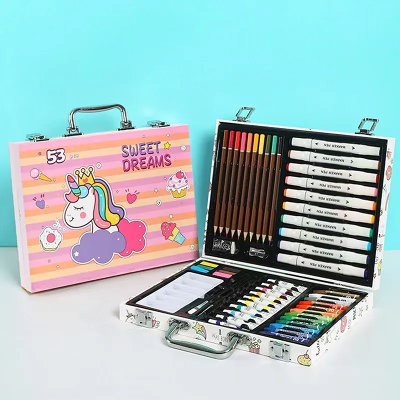 53 pcs Art Painting Set Gift for Kids DIY Drawing Painting with Markers Pigments Brush Set Stationery Supply