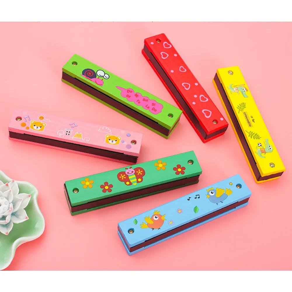 2pcs Children'S 16 Hole Harmonica Wood Cartoon Beginner C Tuning Double Row Puzzle Easttop Playing Music Education Random Lovely