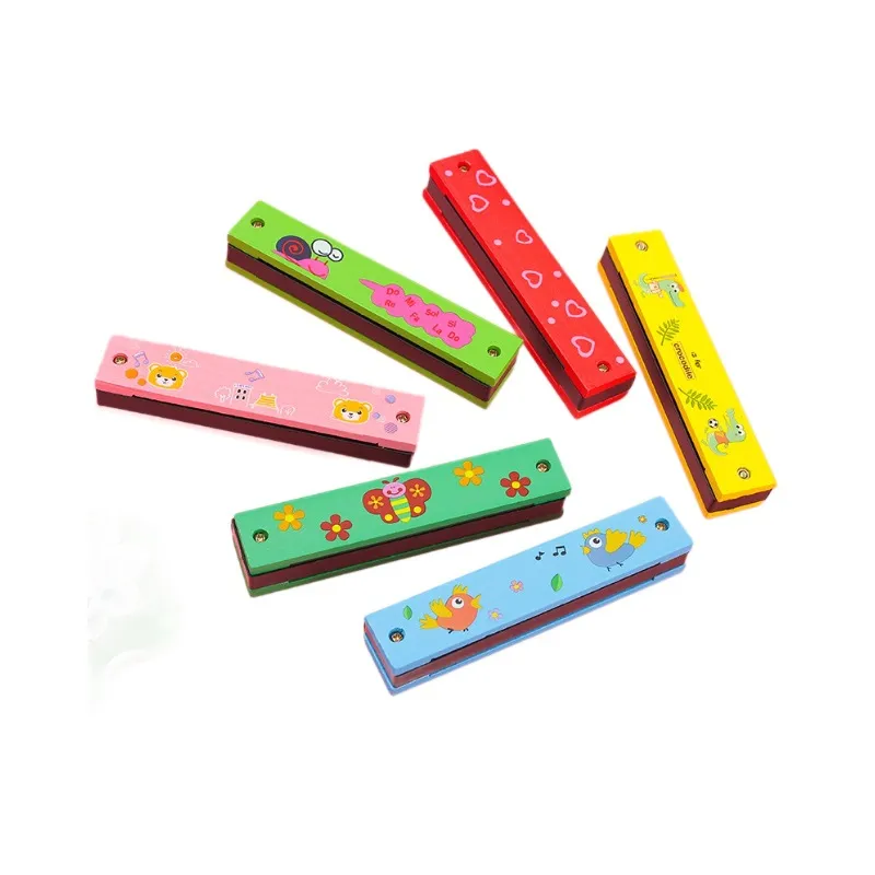2pcs Children'S 16 Hole Harmonica Wood Cartoon Beginner C Tuning Double Row Puzzle Easttop Playing Music Education Random Lovely