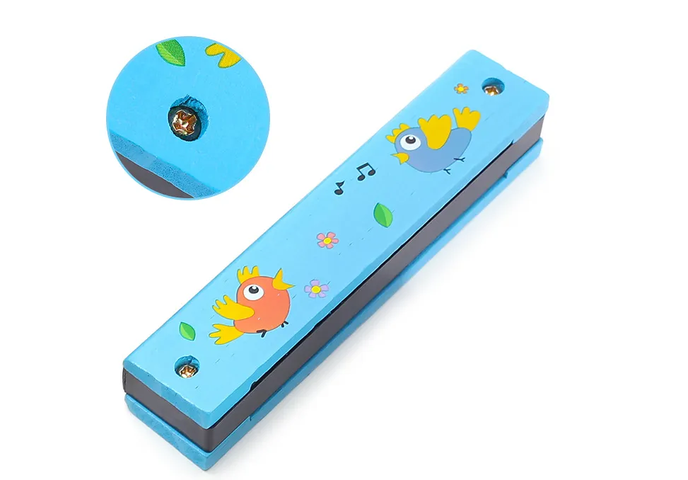 2pcs Children'S 16 Hole Harmonica Wood Cartoon Beginner C Tuning Double Row Puzzle Easttop Playing Music Education Random Lovely