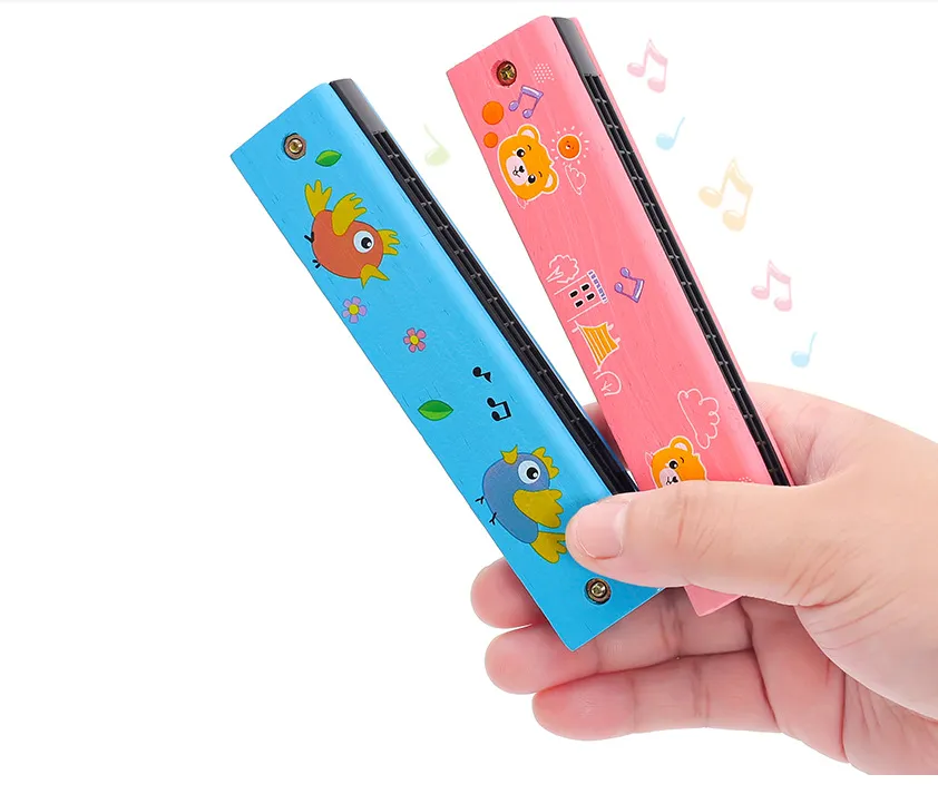 2pcs Children'S 16 Hole Harmonica Wood Cartoon Beginner C Tuning Double Row Puzzle Easttop Playing Music Education Random Lovely