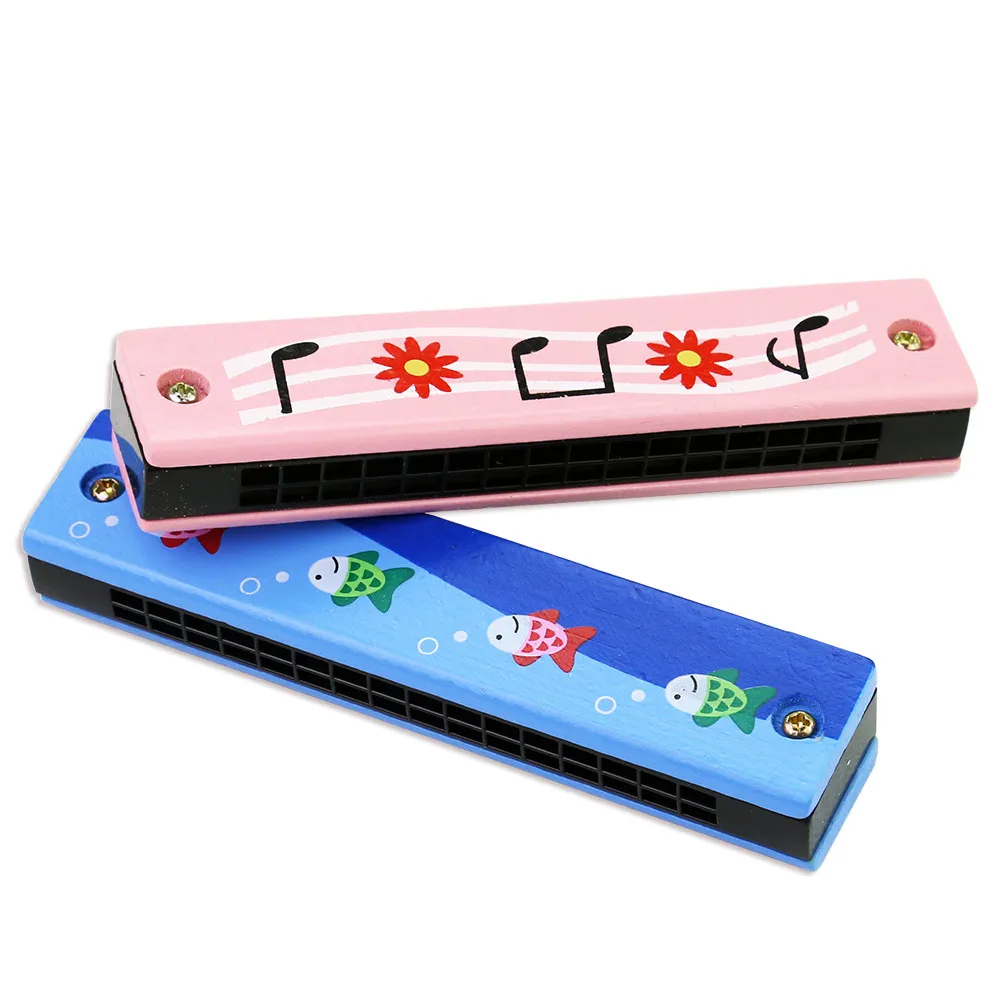 2pcs Children'S 16 Hole Harmonica Wood Cartoon Beginner C Tuning Double Row Puzzle Easttop Playing Music Education Random Lovely