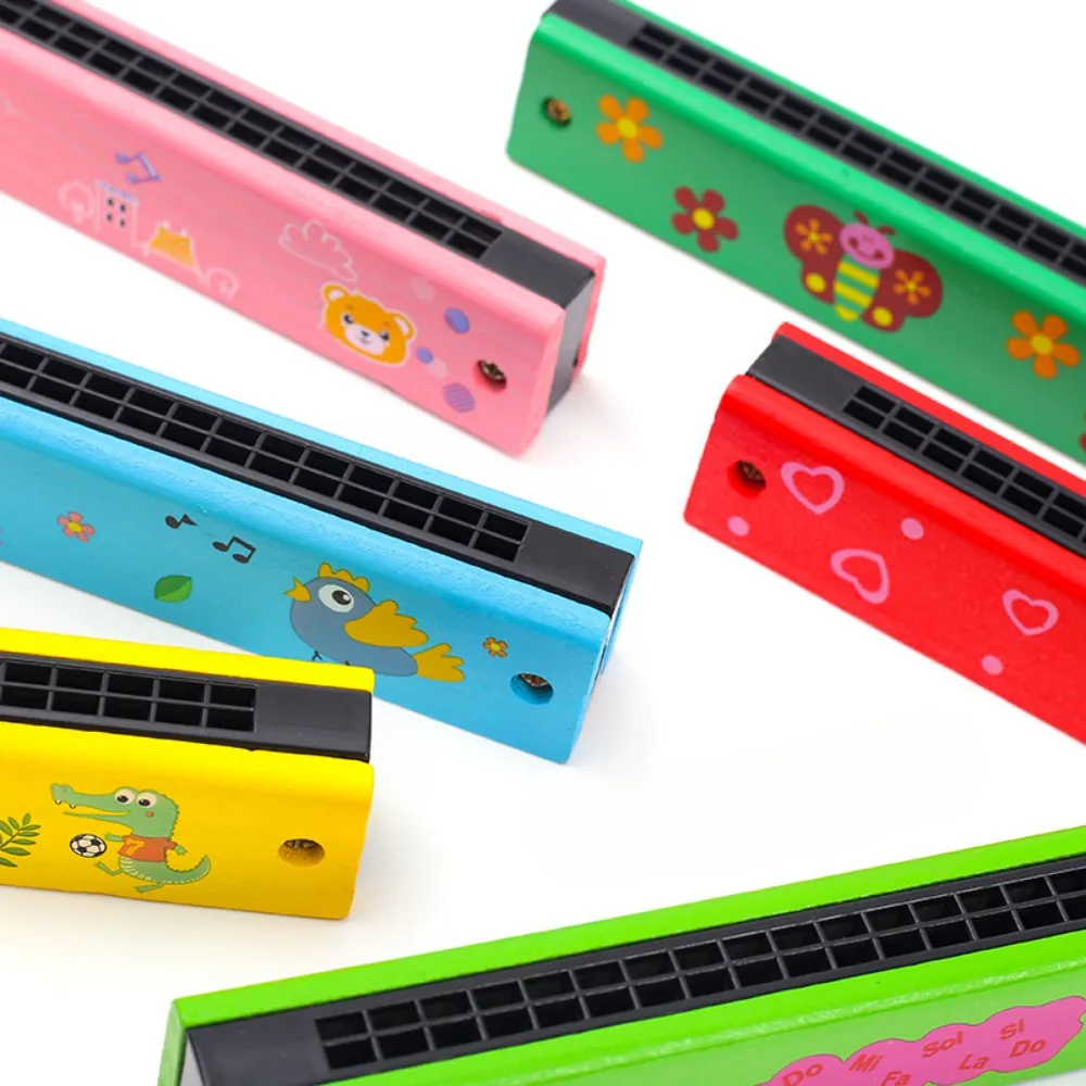 2pcs Children'S 16 Hole Harmonica Wood Cartoon Beginner C Tuning Double Row Puzzle Easttop Playing Music Education Random Lovely