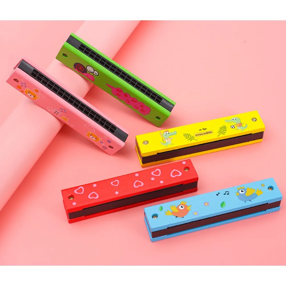 2pcs Children'S 16 Hole Harmonica Wood Cartoon Beginner C Tuning Double Row Puzzle Easttop Playing Music Education Random Lovely