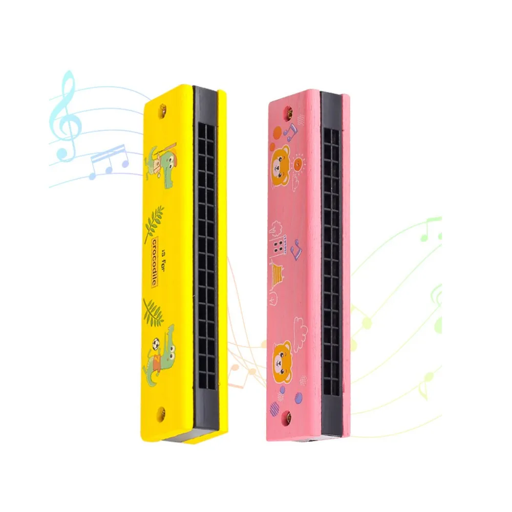 2pcs Children'S 16 Hole Harmonica Wood Cartoon Beginner C Tuning Double Row Puzzle Easttop Playing Music Education Random Lovely