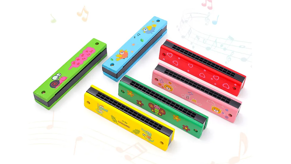 2pcs Children'S 16 Hole Harmonica Wood Cartoon Beginner C Tuning Double Row Puzzle Easttop Playing Music Education Random Lovely