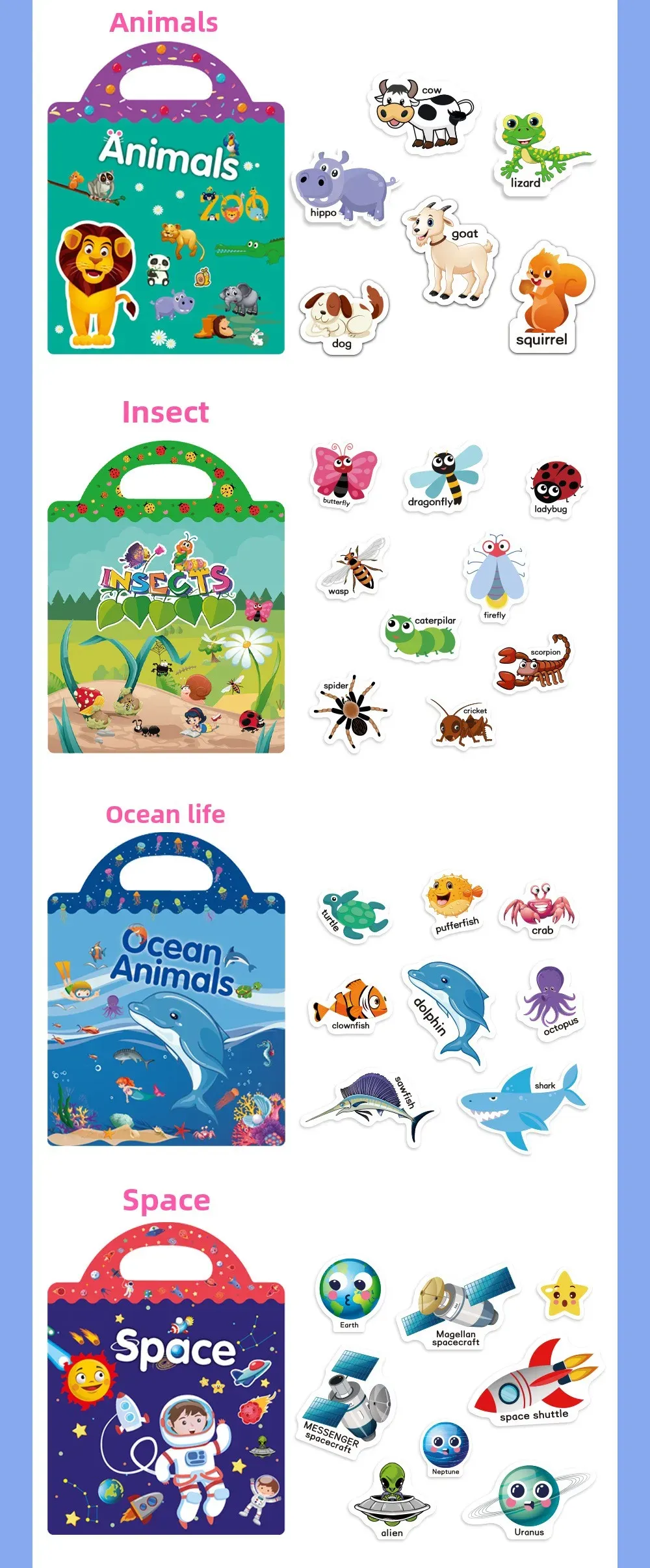 Reusable Jelly Sticker Book for Kids - Early Learning Fun with 2 Sizes & Various Themes