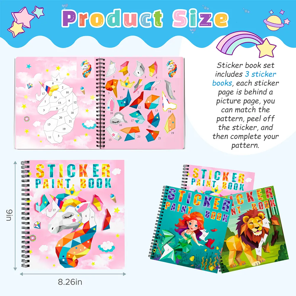 1/3PCS Sticker Book For Kids Unicorn Sticker Paint Book Mermaid Children's Sticker By Number For Birthday Gifts Girls Stationery