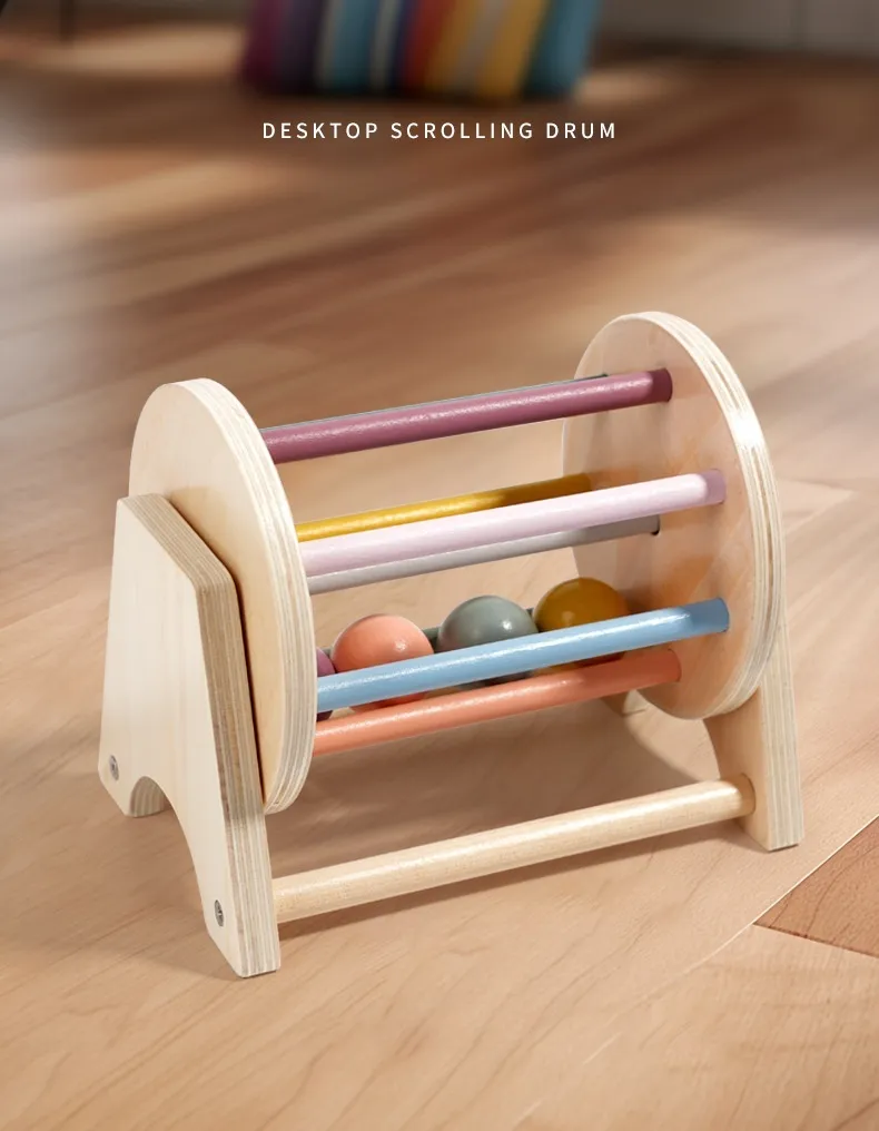 Montessori Toys for Baby Early Learning Wooden Rolling Ball Drum Listening Exercise Color Cognition Hand-eye Coordination Train