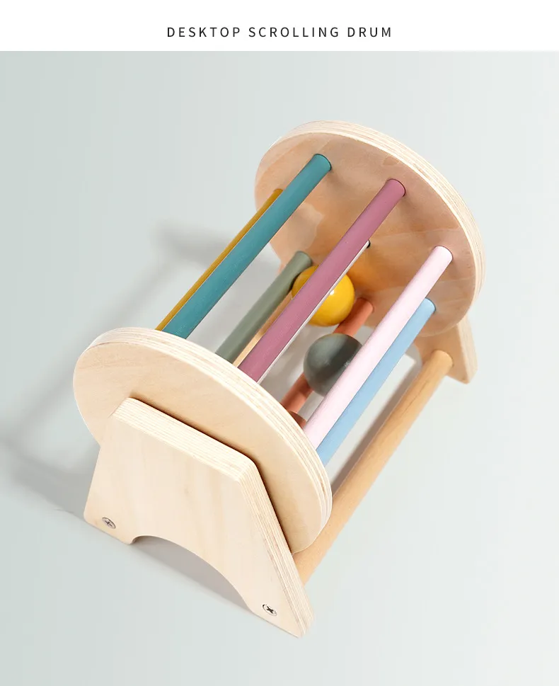 Montessori Toys for Baby Early Learning Wooden Rolling Ball Drum Listening Exercise Color Cognition Hand-eye Coordination Train