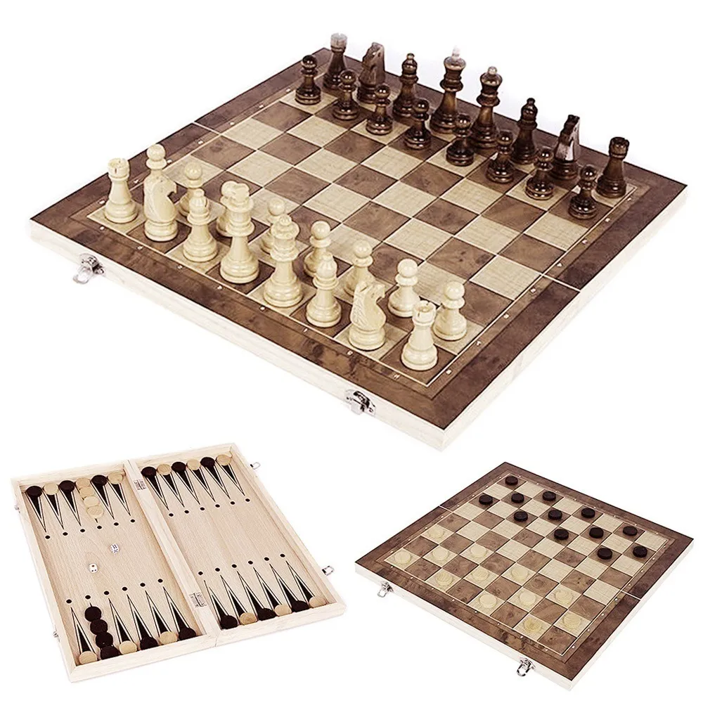 3 in 1 Chess Board Folding Wooden Portable Chess Game Board Wooden Chess Board for Adults(Chess + Checkers and Backgammon)