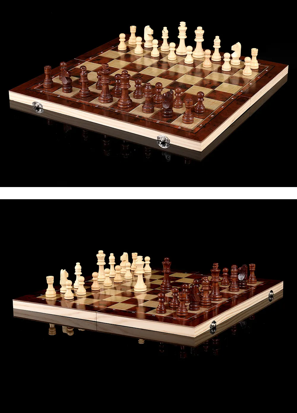 3 in 1 Chess Board Folding Wooden Portable Chess Game Board Wooden Chess Board for Adults(Chess + Checkers and Backgammon)
