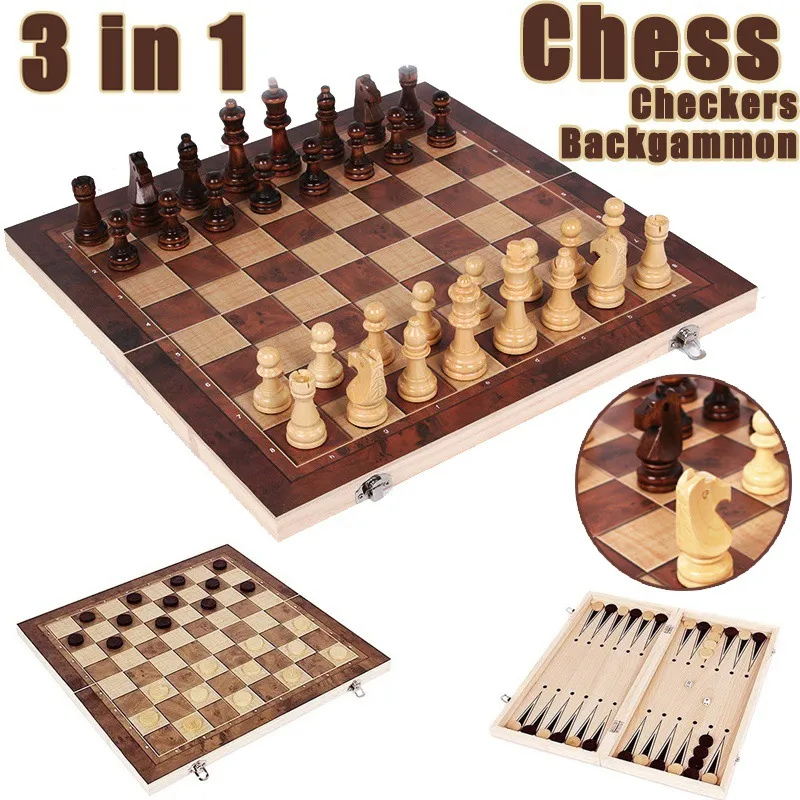 3 in 1 Chess Board Folding Wooden Portable Chess Game Board Wooden Chess Board for Adults(Chess + Checkers and Backgammon)