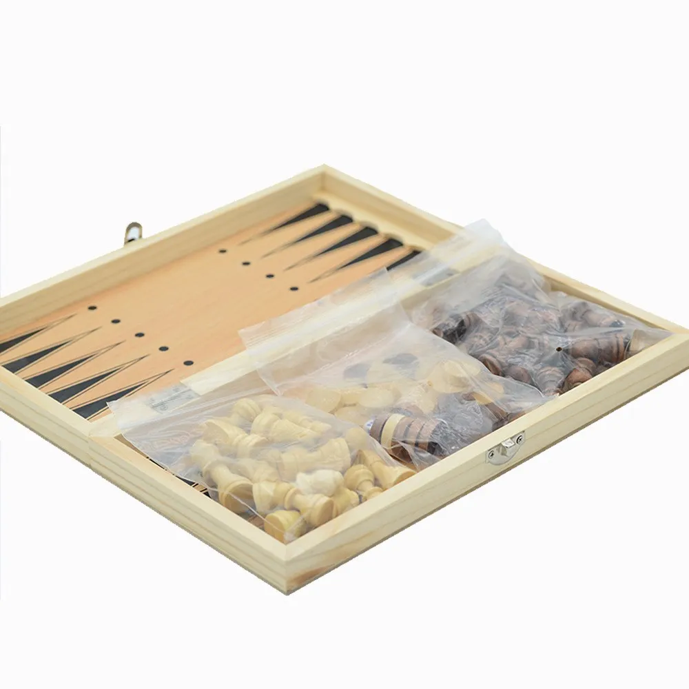 3 in 1 Chess Board Folding Wooden Portable Chess Game Board Wooden Chess Board for Adults(Chess + Checkers and Backgammon)