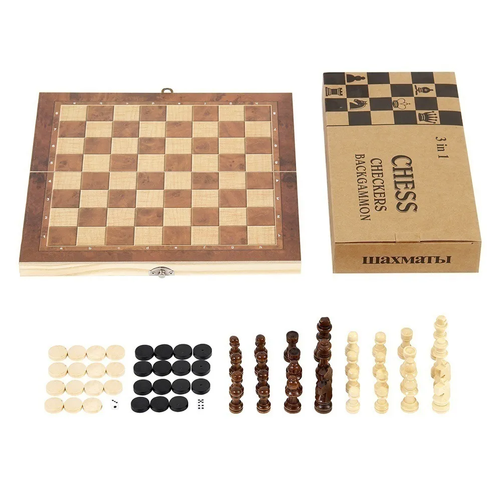 3 in 1 Chess Board Folding Wooden Portable Chess Game Board Wooden Chess Board for Adults(Chess + Checkers and Backgammon)