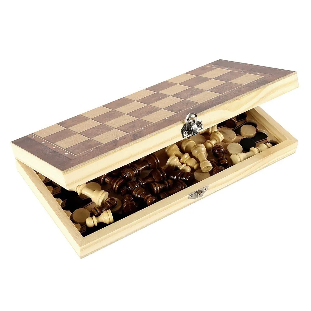 3 in 1 Chess Board Folding Wooden Portable Chess Game Board Wooden Chess Board for Adults(Chess + Checkers and Backgammon)