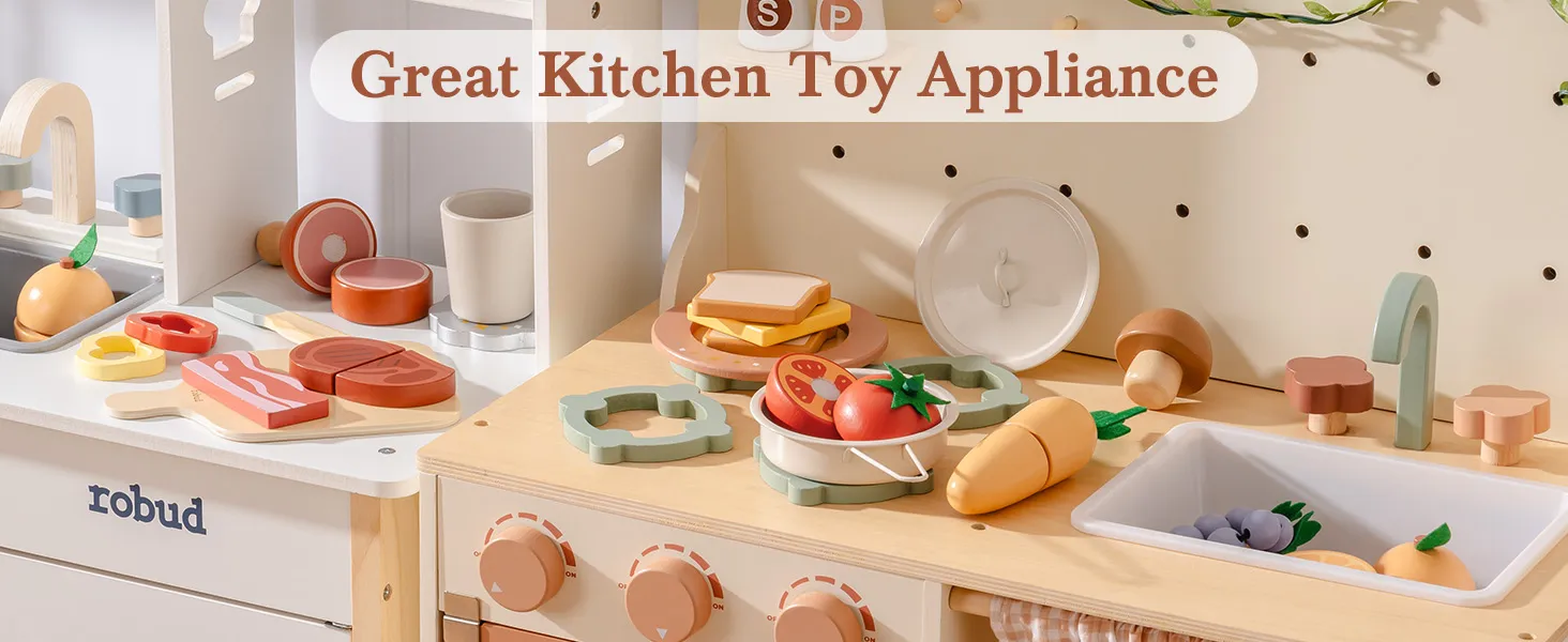 ROBUD Wooden Pretend Play Food Set Cutting Toy Food Play Kitchen Accessories Toy Food with Storage Bag Toys Gifts for Girls Boys