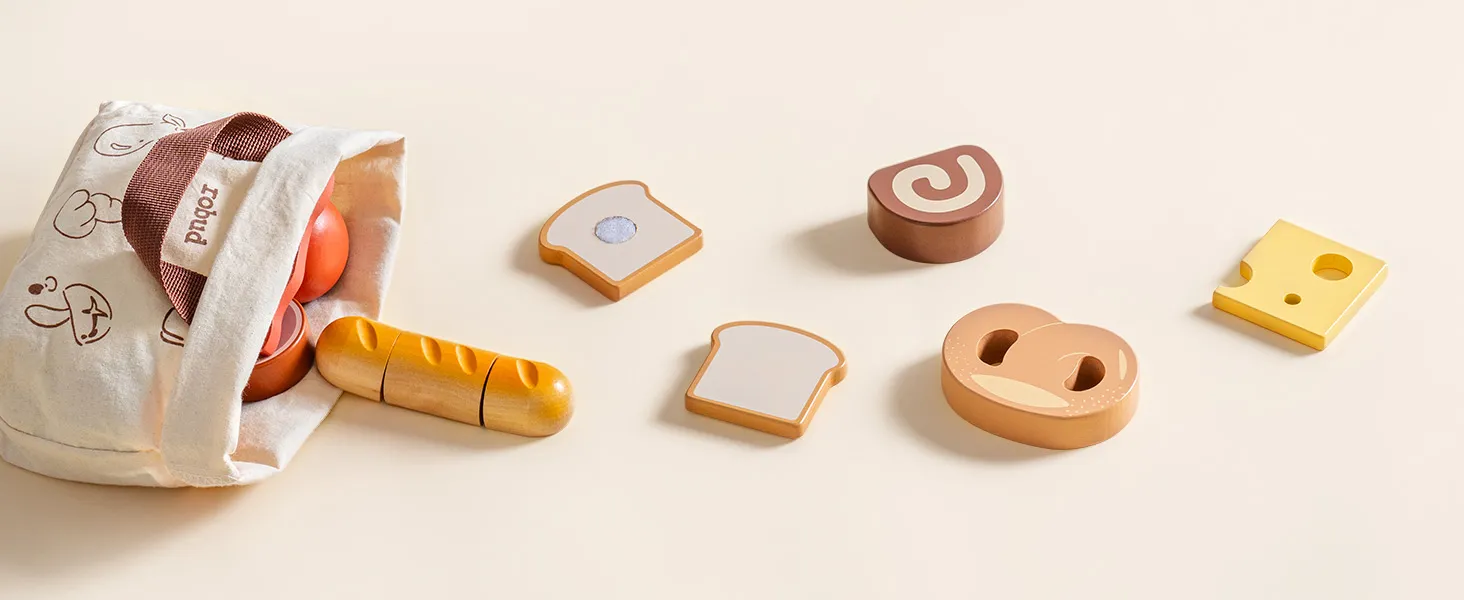 ROBUD Wooden Pretend Play Food Set Cutting Toy Food Play Kitchen Accessories Toy Food with Storage Bag Toys Gifts for Girls Boys