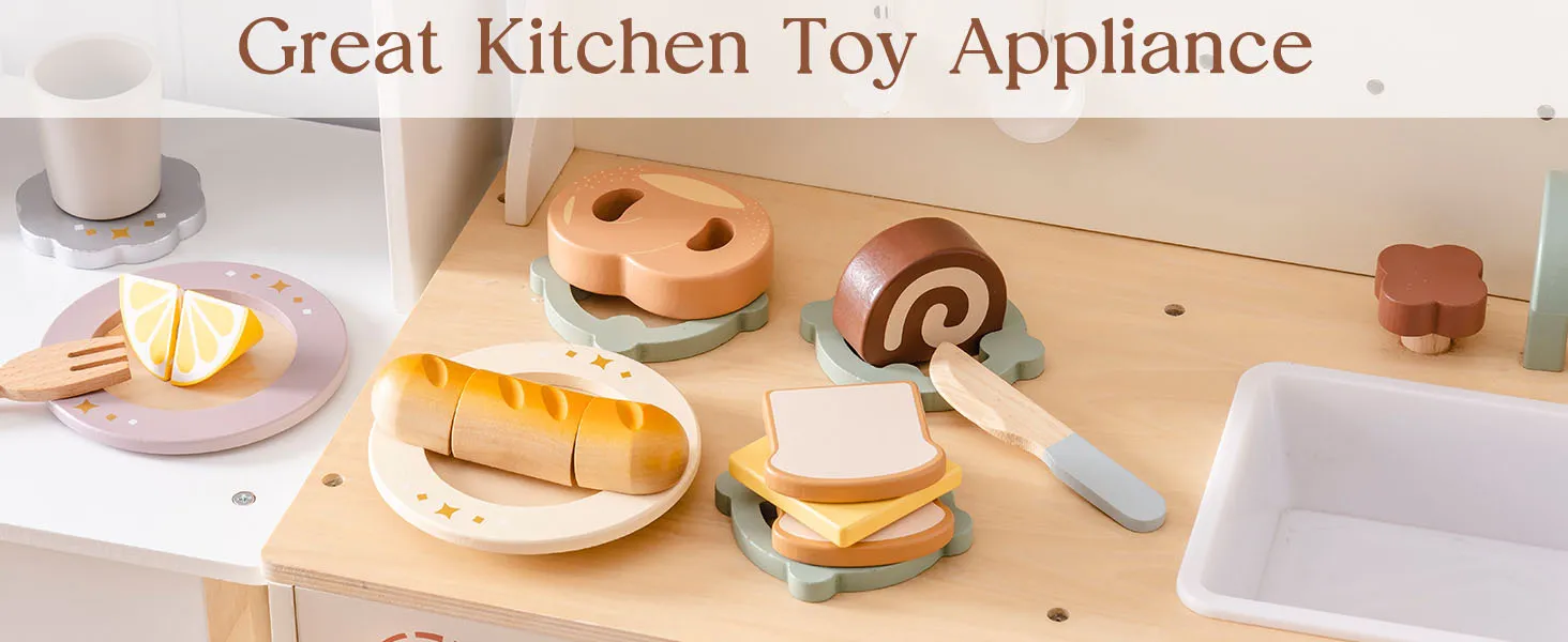 ROBUD Wooden Pretend Play Food Set Cutting Toy Food Play Kitchen Accessories Toy Food with Storage Bag Toys Gifts for Girls Boys
