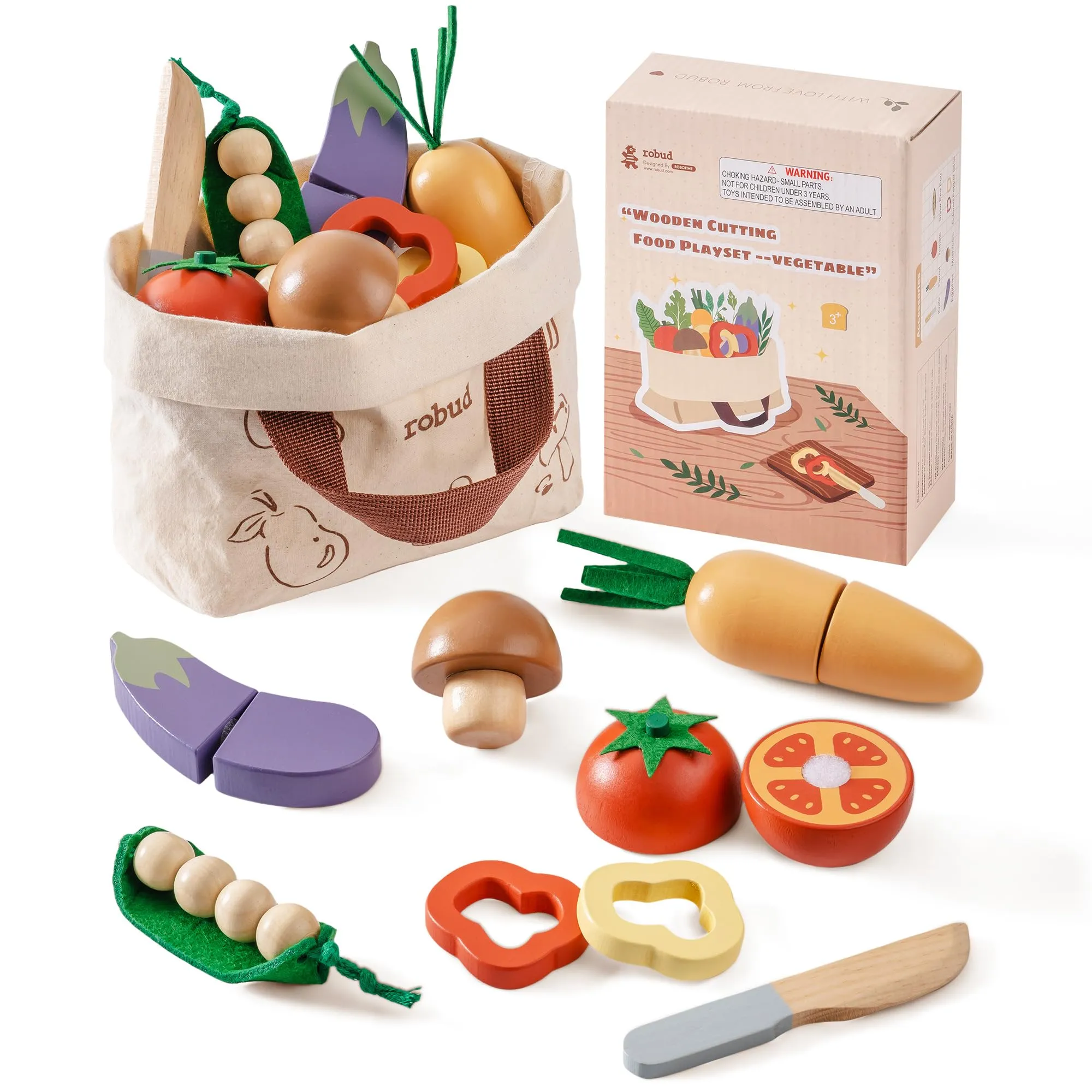 Wooden Pretend Food Set – Play Kitchen Cutting Toys for Kids