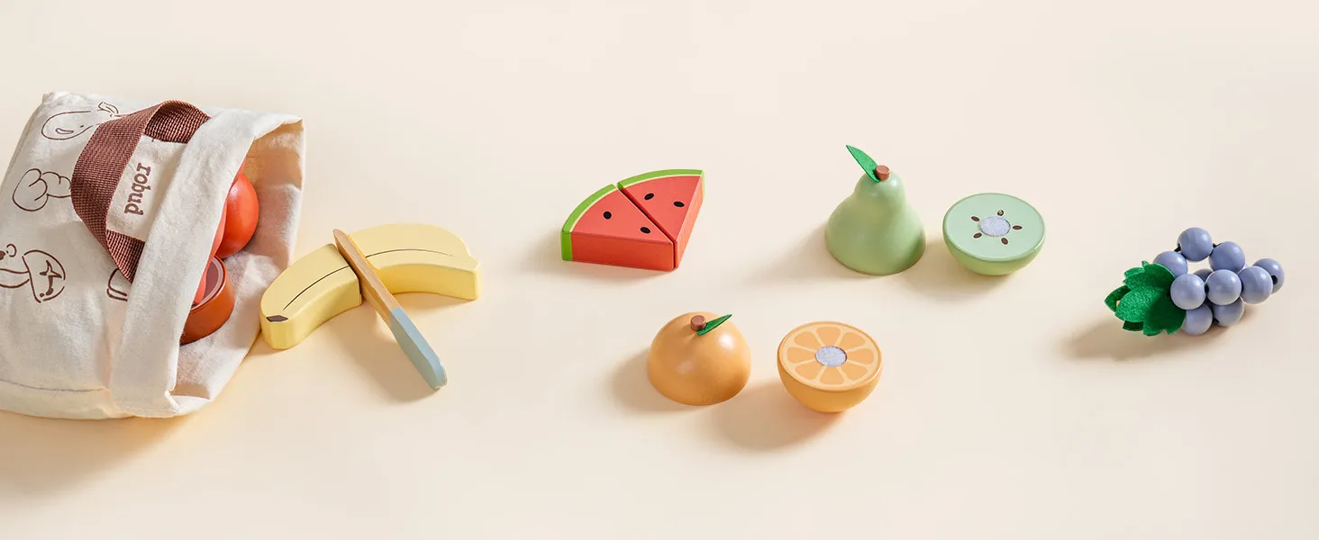ROBUD Wooden Pretend Play Food Set Cutting Toy Food Play Kitchen Accessories Toy Food with Storage Bag Toys Gifts for Girls Boys