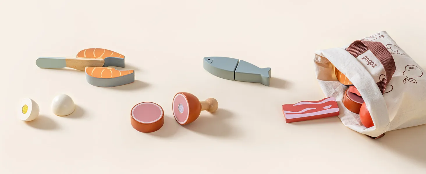 ROBUD Wooden Pretend Play Food Set Cutting Toy Food Play Kitchen Accessories Toy Food with Storage Bag Toys Gifts for Girls Boys