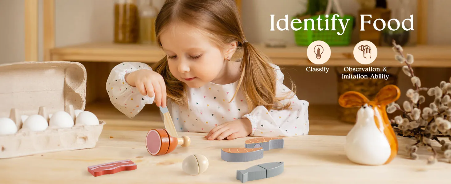 ROBUD Wooden Pretend Play Food Set Cutting Toy Food Play Kitchen Accessories Toy Food with Storage Bag Toys Gifts for Girls Boys