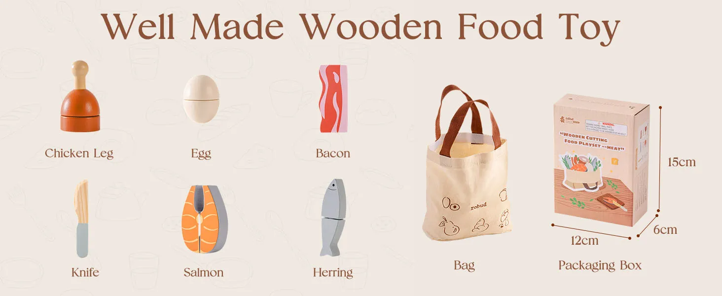 ROBUD Wooden Pretend Play Food Set Cutting Toy Food Play Kitchen Accessories Toy Food with Storage Bag Toys Gifts for Girls Boys