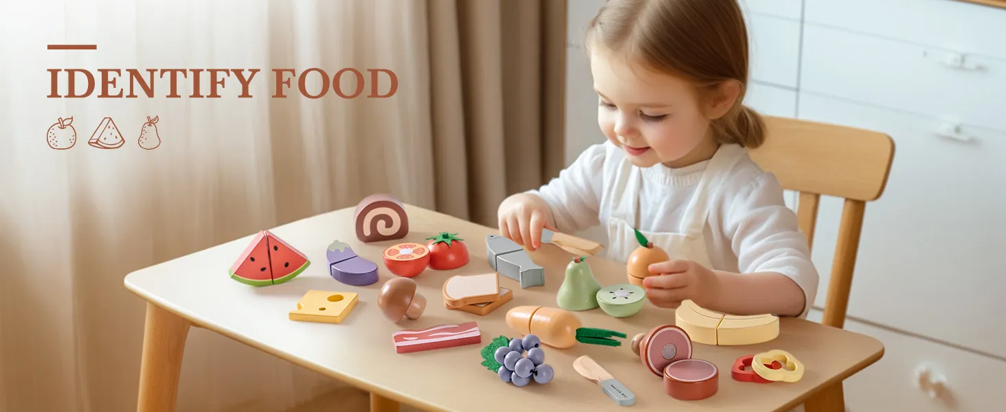 ROBUD Wooden Pretend Play Food Set Cutting Toy Food Play Kitchen Accessories Toy Food with Storage Bag Toys Gifts for Girls Boys