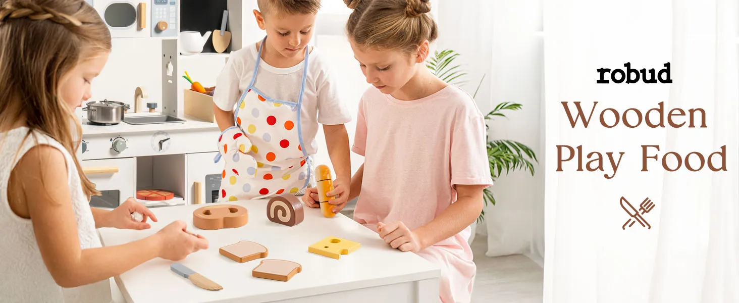 ROBUD Wooden Pretend Play Food Set Cutting Toy Food Play Kitchen Accessories Toy Food with Storage Bag Toys Gifts for Girls Boys