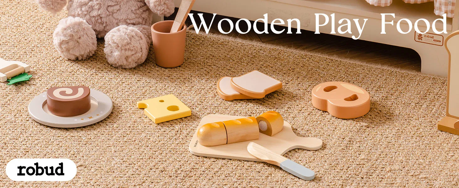 ROBUD Wooden Pretend Play Food Set Cutting Toy Food Play Kitchen Accessories Toy Food with Storage Bag Toys Gifts for Girls Boys