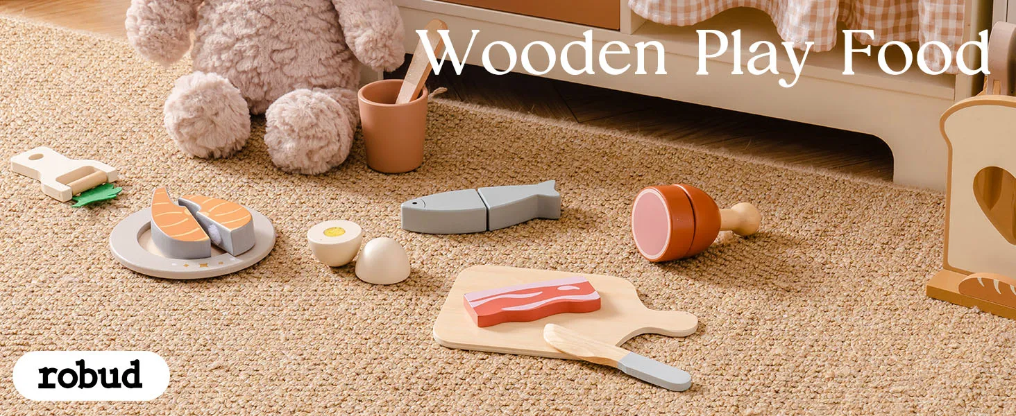ROBUD Wooden Pretend Play Food Set Cutting Toy Food Play Kitchen Accessories Toy Food with Storage Bag Toys Gifts for Girls Boys