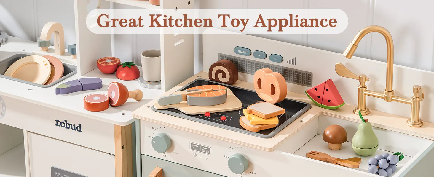 ROBUD Wooden Pretend Play Food Set Cutting Toy Food Play Kitchen Accessories Toy Food with Storage Bag Toys Gifts for Girls Boys