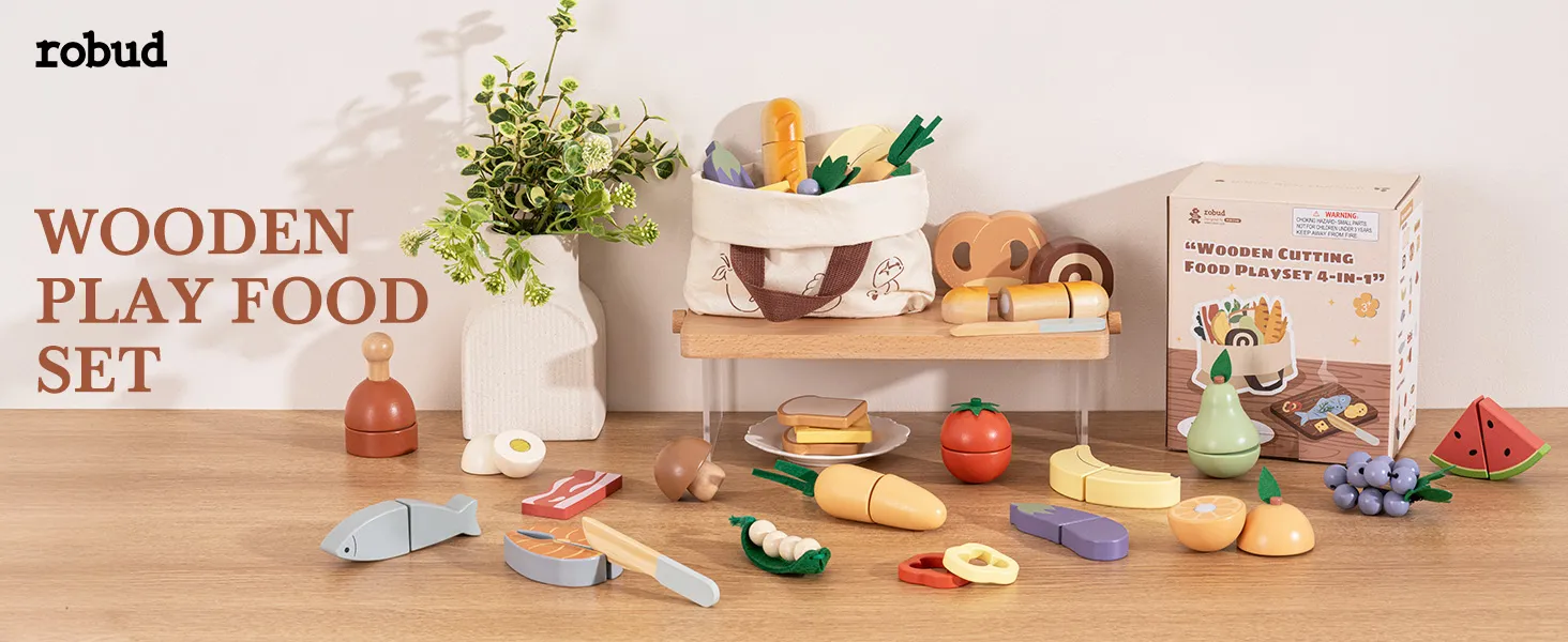 ROBUD Wooden Pretend Play Food Set Cutting Toy Food Play Kitchen Accessories Toy Food with Storage Bag Toys Gifts for Girls Boys