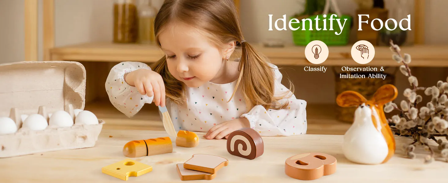 ROBUD Wooden Pretend Play Food Set Cutting Toy Food Play Kitchen Accessories Toy Food with Storage Bag Toys Gifts for Girls Boys