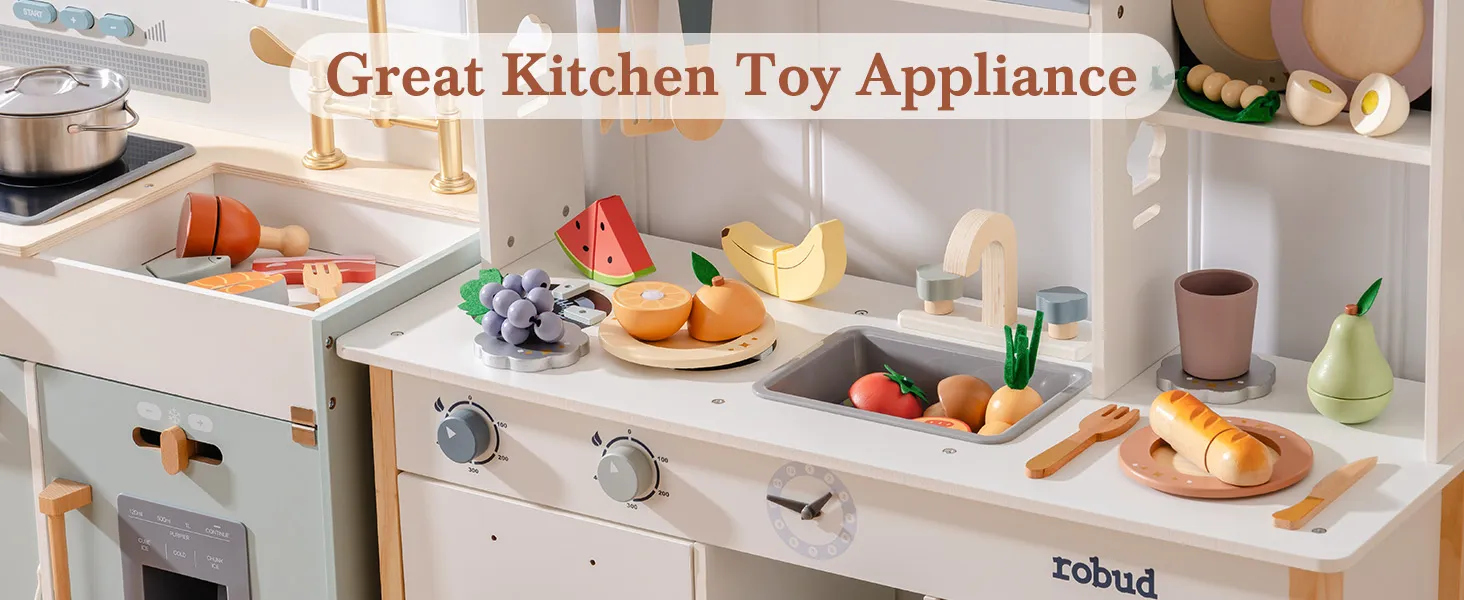 ROBUD Wooden Pretend Play Food Set Cutting Toy Food Play Kitchen Accessories Toy Food with Storage Bag Toys Gifts for Girls Boys