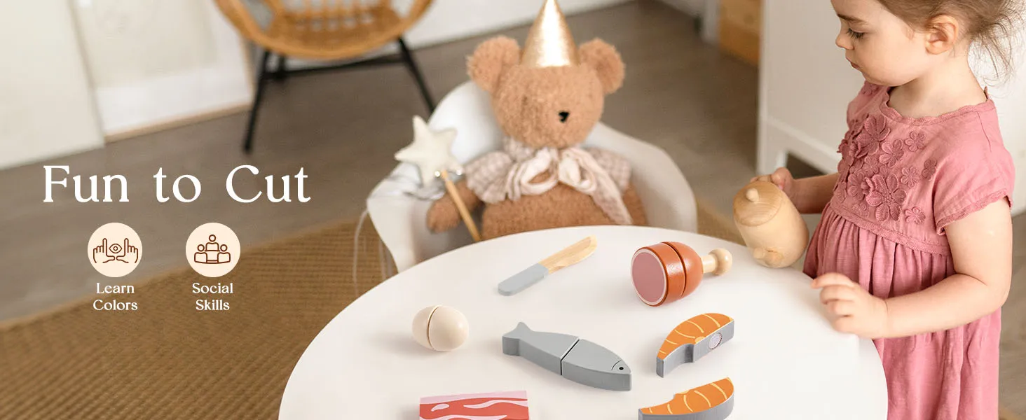 ROBUD Wooden Pretend Play Food Set Cutting Toy Food Play Kitchen Accessories Toy Food with Storage Bag Toys Gifts for Girls Boys