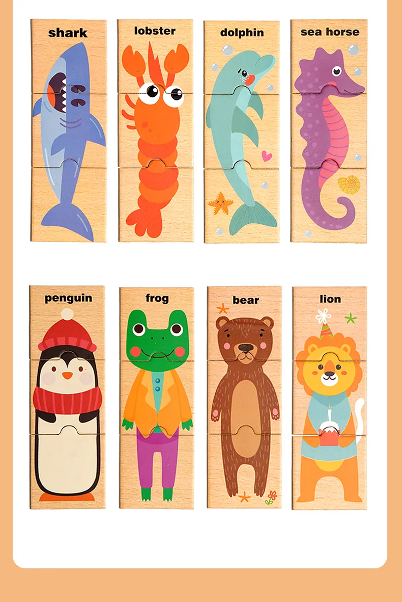Children's puzzle cartoon animal shape matching puzzle, baby early education English word cognition puzzle board, wooden toy
