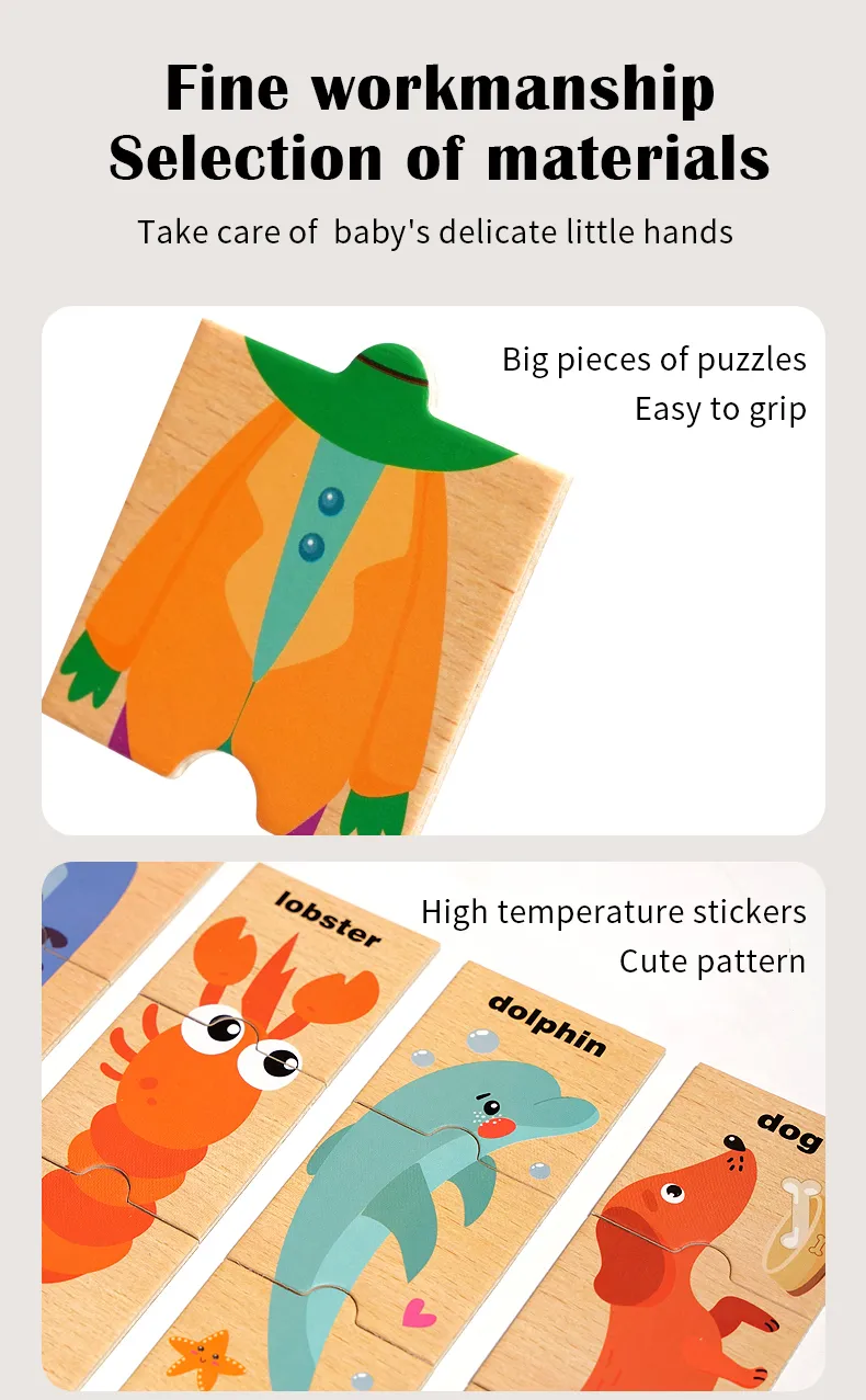 Children's puzzle cartoon animal shape matching puzzle, baby early education English word cognition puzzle board, wooden toy