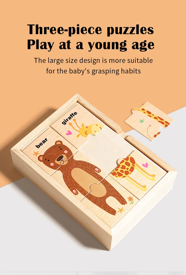 Children's puzzle cartoon animal shape matching puzzle, baby early education English word cognition puzzle board, wooden toy