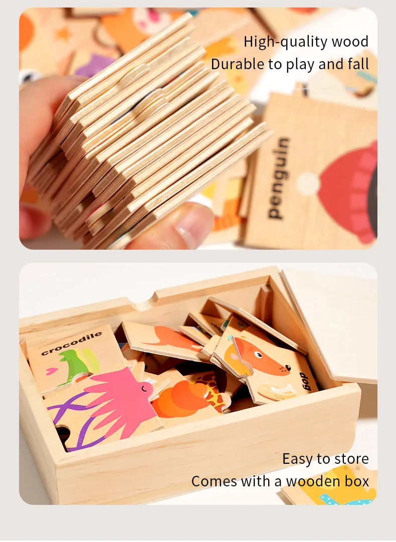 Children's puzzle cartoon animal shape matching puzzle, baby early education English word cognition puzzle board, wooden toy