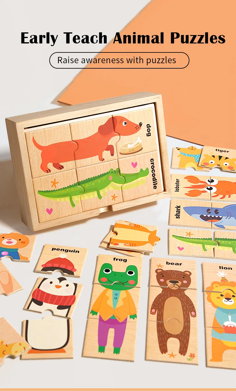 Children's puzzle cartoon animal shape matching puzzle, baby early education English word cognition puzzle board, wooden toy