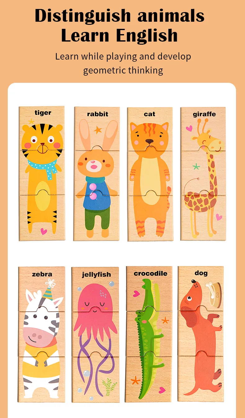 Children's puzzle cartoon animal shape matching puzzle, baby early education English word cognition puzzle board, wooden toy