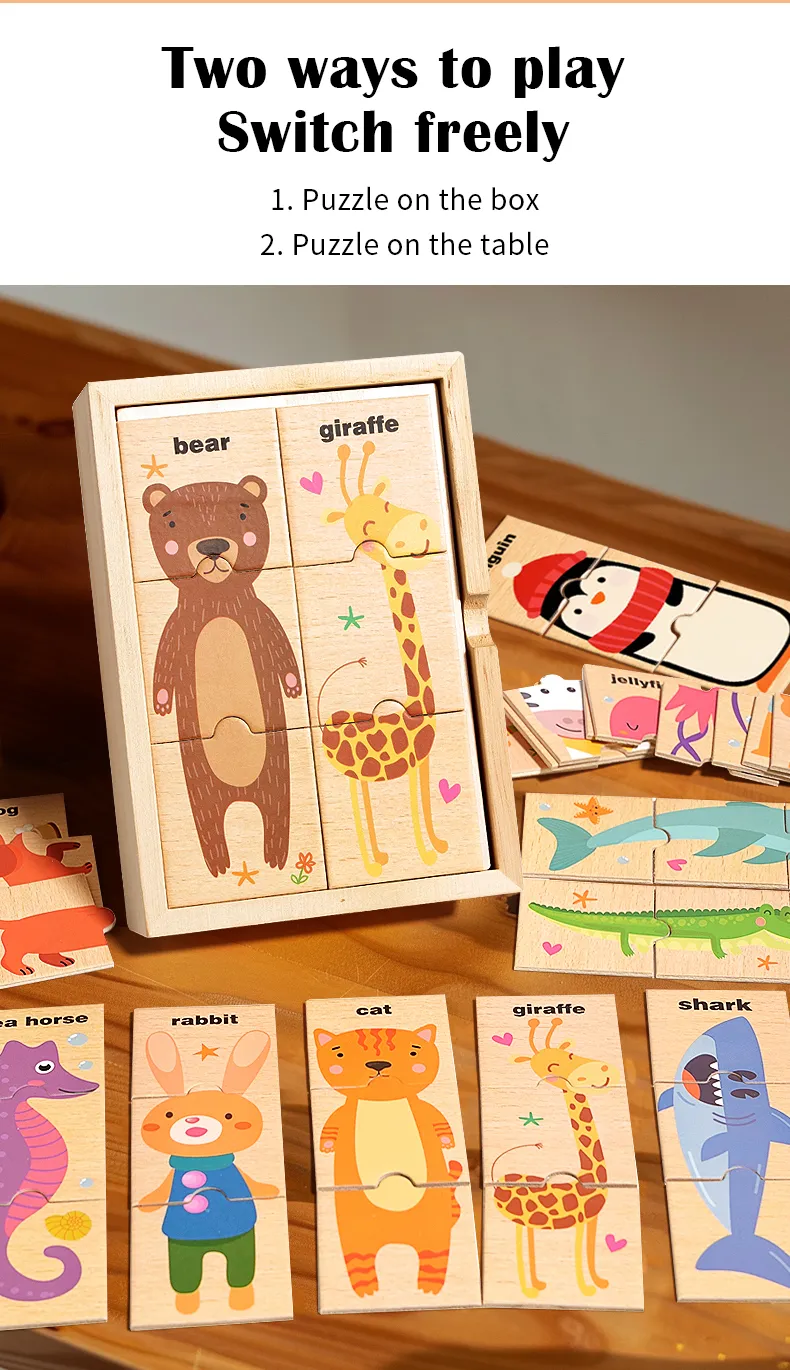 Children's puzzle cartoon animal shape matching puzzle, baby early education English word cognition puzzle board, wooden toy