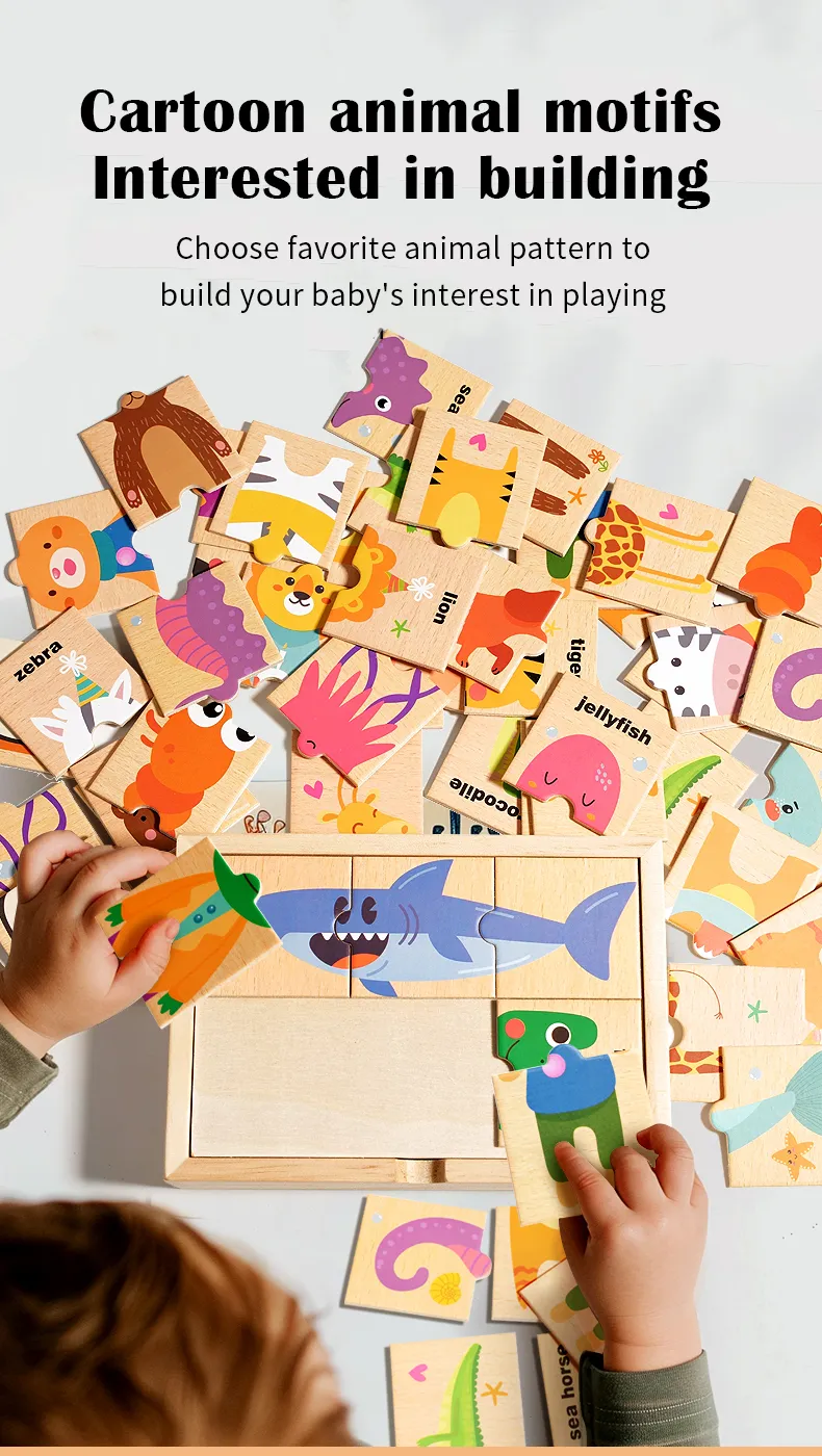 Children's puzzle cartoon animal shape matching puzzle, baby early education English word cognition puzzle board, wooden toy