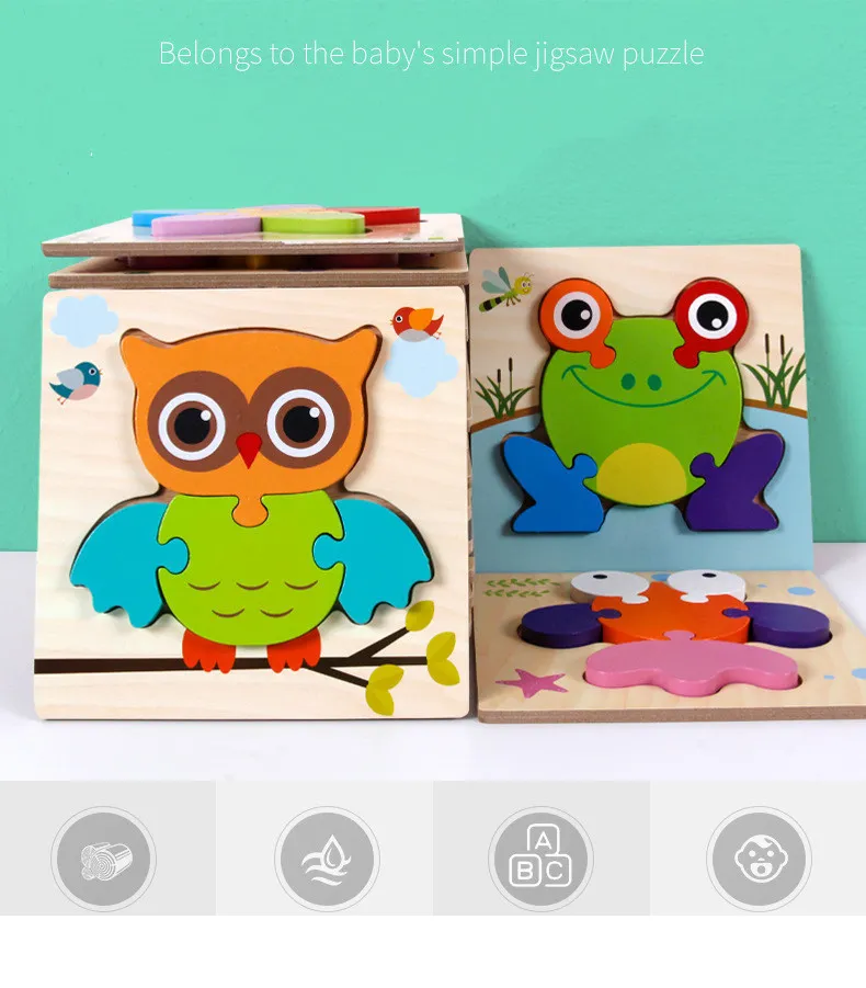 High Quality 3D Wooden Puzzle Baby Cartoon Animal Traffic Jigsaw  Early Learning Cognition Game Puzzle Toys for Children